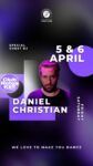 Werbeplakat mit DJ Daniel Christian und Veranstaltungsterminen am 5. und 6. April mit der Überschrift „Wir lieben es, Sie zum Tanzen zu bringen“.