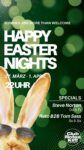 Werbeplakat für die Veranstaltung „Happy Easter Nights“ mit Daten und besonderen Gastdetails auf einem leuchtend grünen und schwarzen Hintergrund mit einer Person mit Sonnenbrille, auf der sich Hasen spiegeln, die das beste Nachtleben im Club feiert
